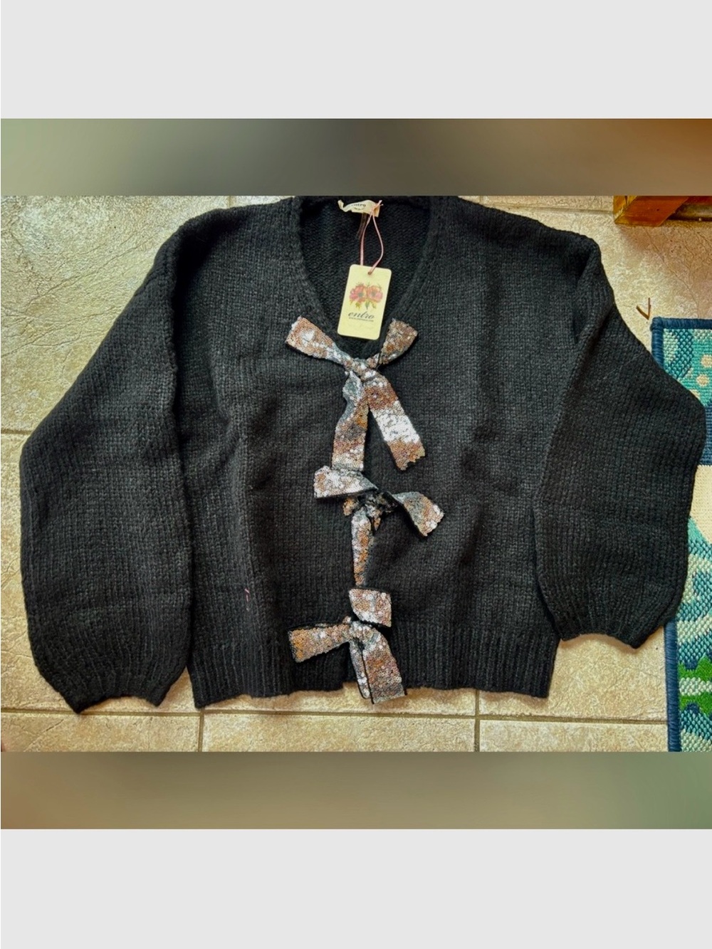entro Black Knit Cardigan with Sequin Bow Trim